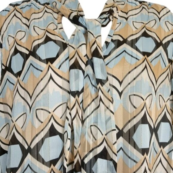 Haver + Blair London Womens Tie Neck Bow Blouse Pink Blue Metallic Geometric M - Picture 2 of 3